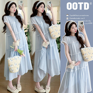 Pregnant Women's Large Skirt 2025 Summer New Pregnant Women's Lace Stitching Loose dress Age-reducing Pregnant Women's Skirt