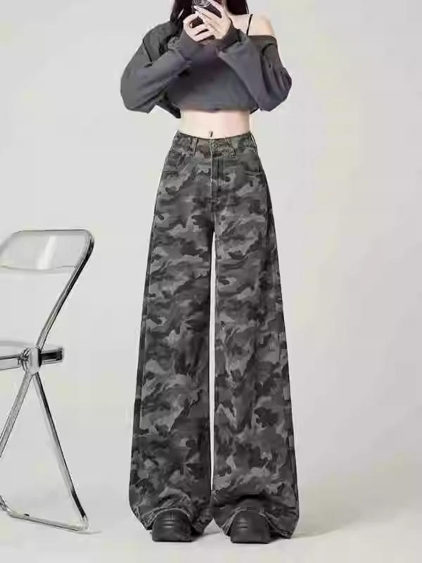 アメリカンストリートハイウエストワークジーンズ女性用ファットmm大きいサイズワイドレッグレトロ迷彩ドレープ多用途ルーズパンツ|undefined