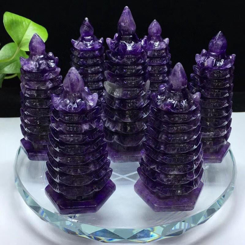 天然紫水晶文昌塔七星阵摆件紫色紫晶宝塔水晶原石手工制作装饰品