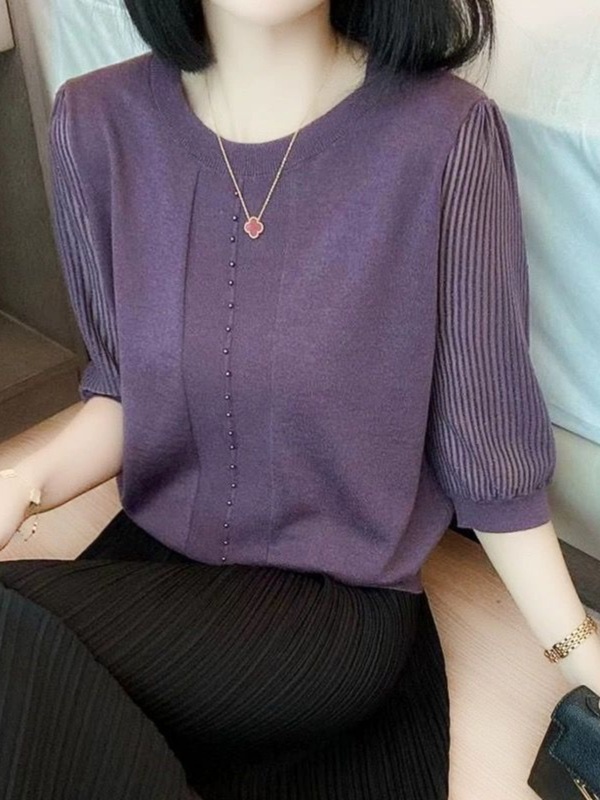 女性用ラウンドネック七分袖ビーズセーター、夏の新しいハイエンドスタイルのTシャツ、ゆったりとした肉感のある薄手のトップス|undefined