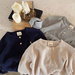 兒童T恤2024秋男女童刺繡華夫格長袖寶寶韓版圓領潮牌打底衫上衣T