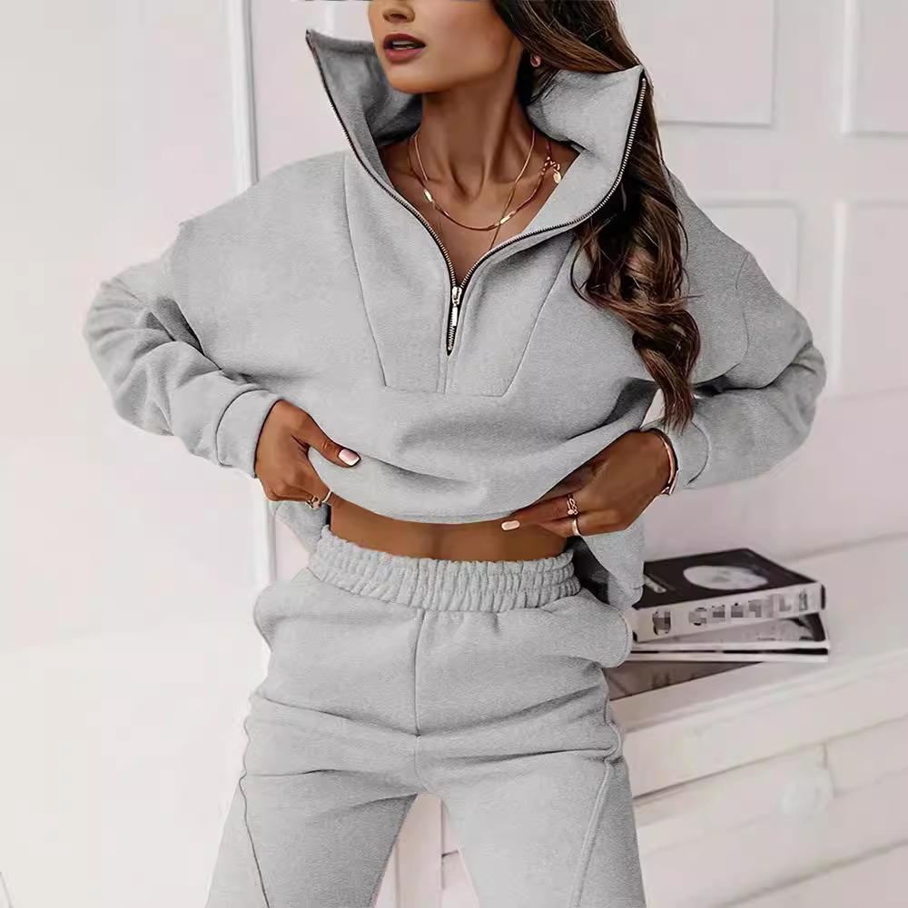 Dameskleding Mode Effen Kleur Forens Casual Staande Kraag Trui Broek Set Tweedelige Set_voghion.com