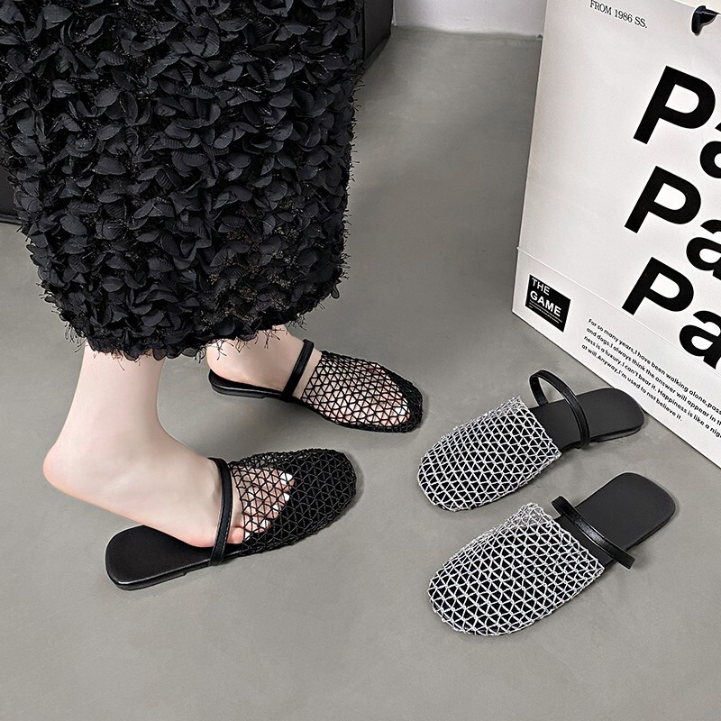 Hollow Fishnet Toe-Cap Half Slippers Fisherman Woven European and American Flats Niche Round Toe Summer New Roman Sandals for Women