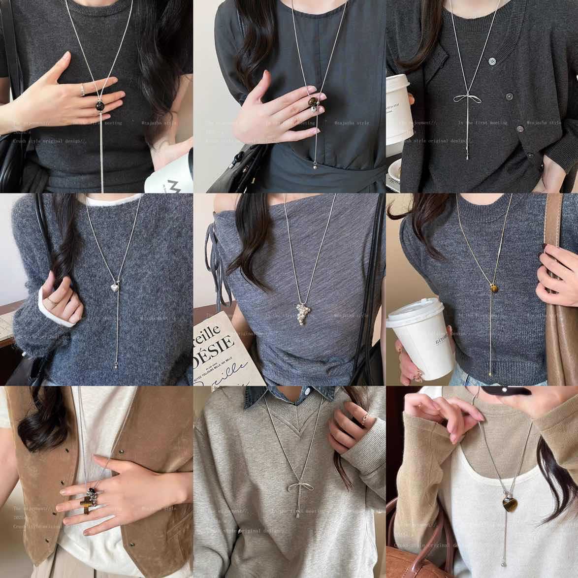 秋冬冷淡风蝴蝶结爱心抽拉式长项链配饰女毛衣链轻奢小众时尚项饰