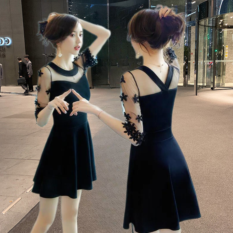 Korean Style Black Evening Dress Summer New Style 2025 Slim and Sexy Discreet Mesh Splicing Mid-Skirt for Women