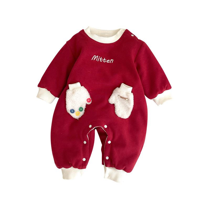 2024 nuevo traje de gatear para bebé de invierno, estilo occidental, cálido, cómodo y grueso de una pieza, vestido rojo de Año Nuevo, vestido de fin de semana