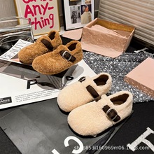 包头加绒皮带扣棉瓢鞋女外穿2025秋冬韩版新款平底浅口毛毛孛肯鞋