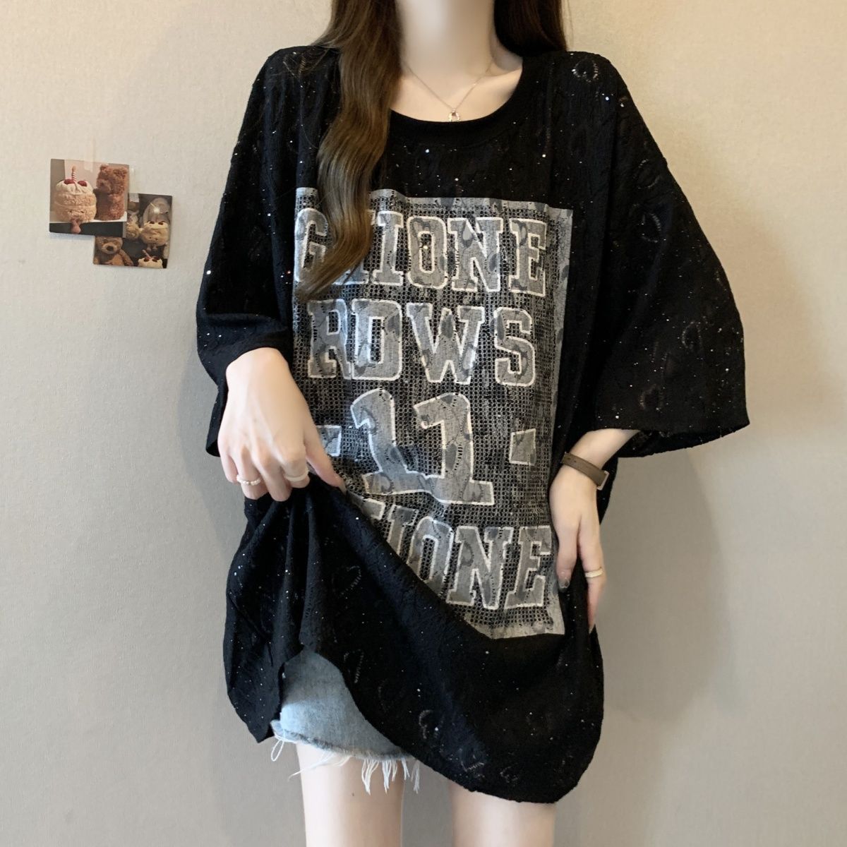 Camiseta de manga corta de encaje gypsophila de gran tamaño para mujer 2024 verano nuevo estilo suelto y delgado mm top estampado para mujer ins