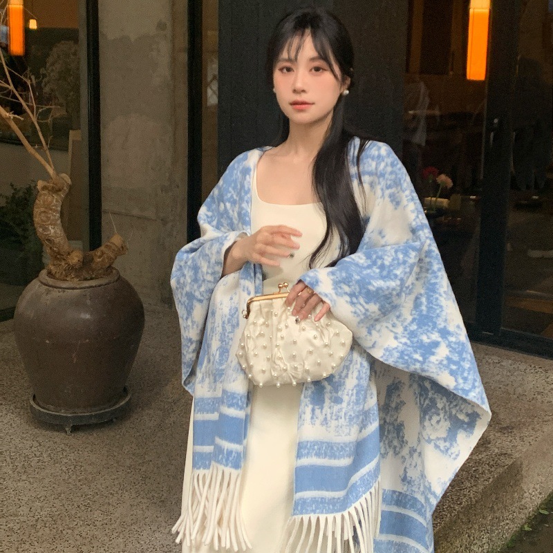 Vintage Versatile Double-Sided Cape Shawl Coat for Women, Loose Tassel Scarf, Warm Outerwear for Autumn and Winter