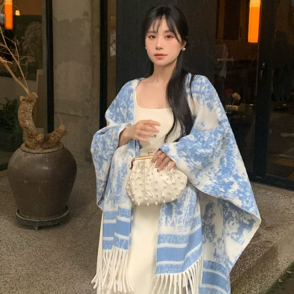 Vintage Versatile Double-Sided Cape Shawl Coat for Women, Loose Tassel Scarf, Warm Outerwear for Autumn and Winter