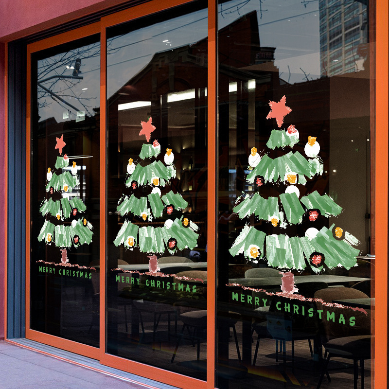 クリスマスのガラスのステッカーのドアはクリスマスツリーの静電気を貼ってデパートの窓の花を貼ってショーウインドーのシーンを飾って全体を飾ります。|undefined