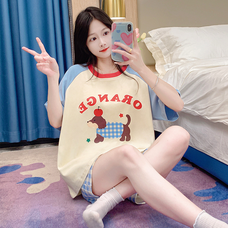 2026 Short-Sleeved Pajamas for Women, Summer Thin Style, Cartoon Girl Student Round Neck, Summer Wearable Home Clothes Set