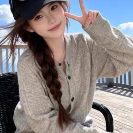 温柔花灰色宽松软糯针织开衫女秋冬设计感别致韩系穿搭毛衣潮休闲