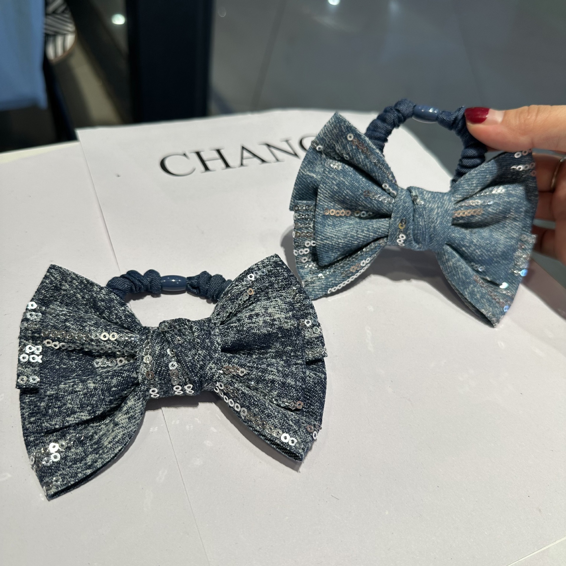 復古港風牛仔蝴蝶結大腸發圈女簡約冷淡風甜酷時尚扎發亮片頭飾女