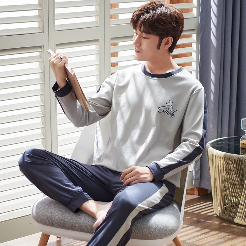 느슨한 남성용 얇은 잠옷 봄, 가을 신작 라운드 넥 긴 소매 플러스 사이즈 청소년 캐주얼 바지 홈웨어 세트