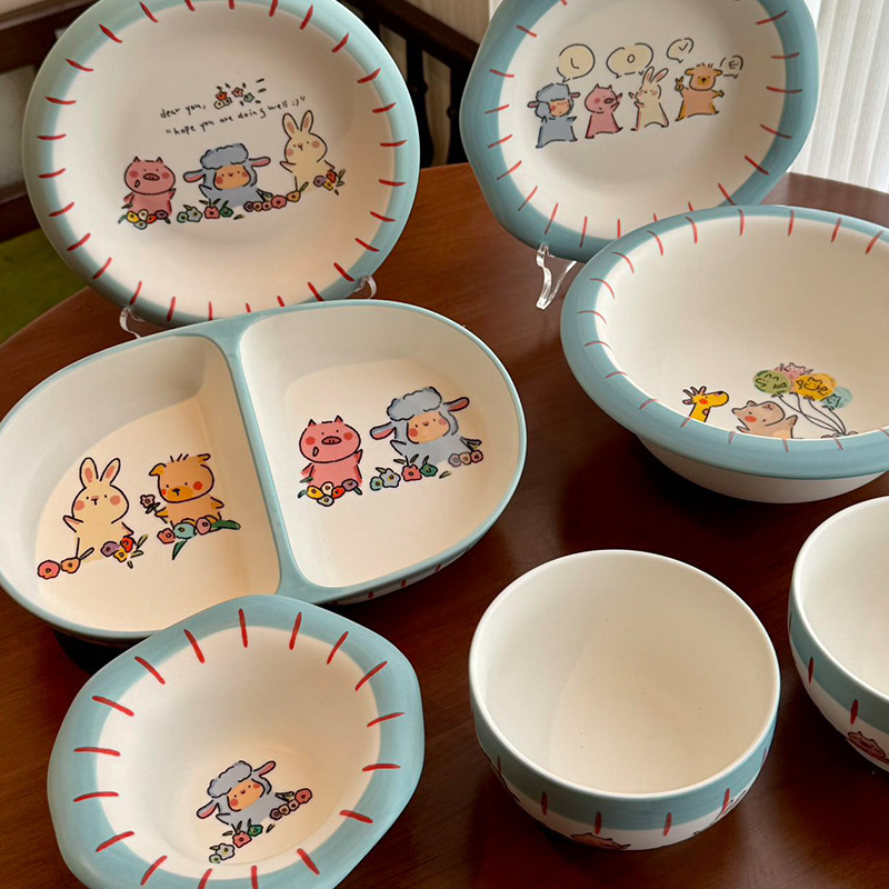 Little Lamb Baudelaire Blue Frosted Texture Ceramic Tableware High Temperature Cute Breakfast Plate Home Creative High Value