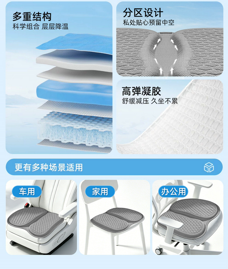 Cross-Border New Model Thickened and Widened Car Seat Cushion with Two-Piece Honeycomb Gel, Summer Cooling Cushion, Office Anti-Hemorrhoid Cushion