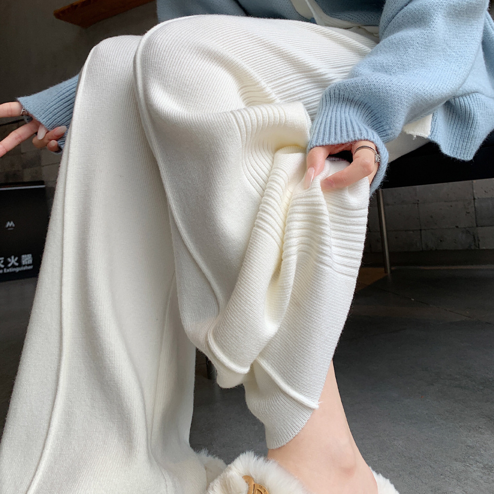 软糯裤子设计感侧边压褶坑条针织裤女秋冬垂感宽松显瘦阔腿裤