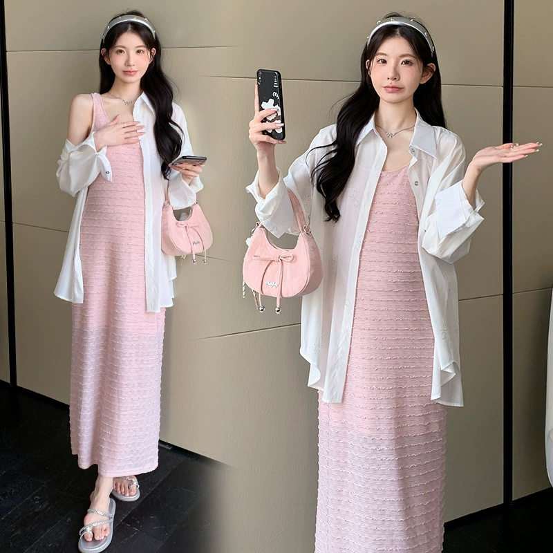 Модный летний костюм для беременных 2025 года, новое платье, розовый жилет, платье, рубашка с защитой от солнца, топ