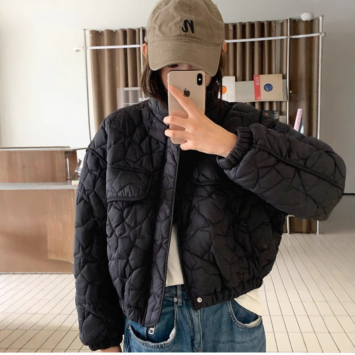 设计感小众蓝色立领菱格棉衣女秋冬季小个子时尚休闲短款棉服外套