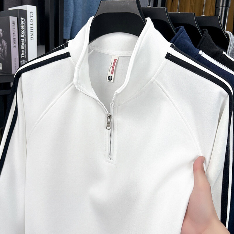 Spring and Autumn New High Cotton Long-Sleeve Sweatshirt for Young and Middle-Aged Men, 5-Point Half-Zip T-Shirt, Solid Color Base Shirt, Trendy Brand Sports Fashion Men's