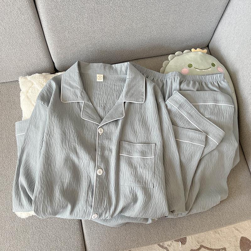 Primavera y otoño delgada pijamas de algodón nublado hombre ocio simple color sólido vestido en vivo conjunto de ropa de casa comercio exterior al por mayor