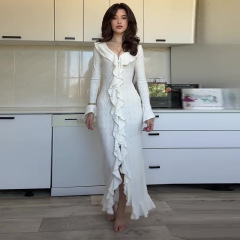 2025秋季新款欧美亚马逊跨境外贸女装v领长袖荷叶边优雅白色长裙
