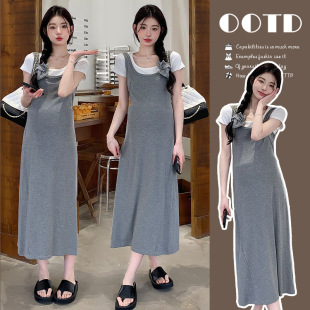 Pregnant Women Summer dress 2024 New Fashion suit Stylish Fashionable Long Dress Two-piece Strap Dress Summer