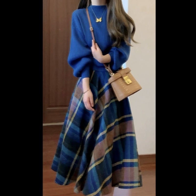 梨型身材显瘦套装女秋季时尚洋气针织毛衣炸街格子半身裙两件套|undefined