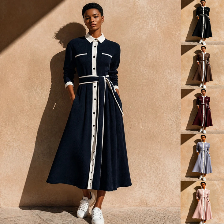 2026 Autumn/Winter Cross-Border European and American Amazon Knitted Fashion Elegant Contrast Color Turn-Down Collar Waist-Cinching Long-Sleeve Pocket Dress 2026 Autumn/Winter Cross-Border European and American Amazon Knitted Fashion Elegant Contrast Color Turn-Down Collar Waist-Cinching Long-Sleeve Pocket Dress