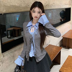 韩系木耳边格子拼接系带长袖针织衫女早秋新款假两件显瘦开衫上衣
