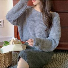 秋冬新款质感淑女高级感慵懒圆领宽松休闲毛茸茸套百搭针织上衣