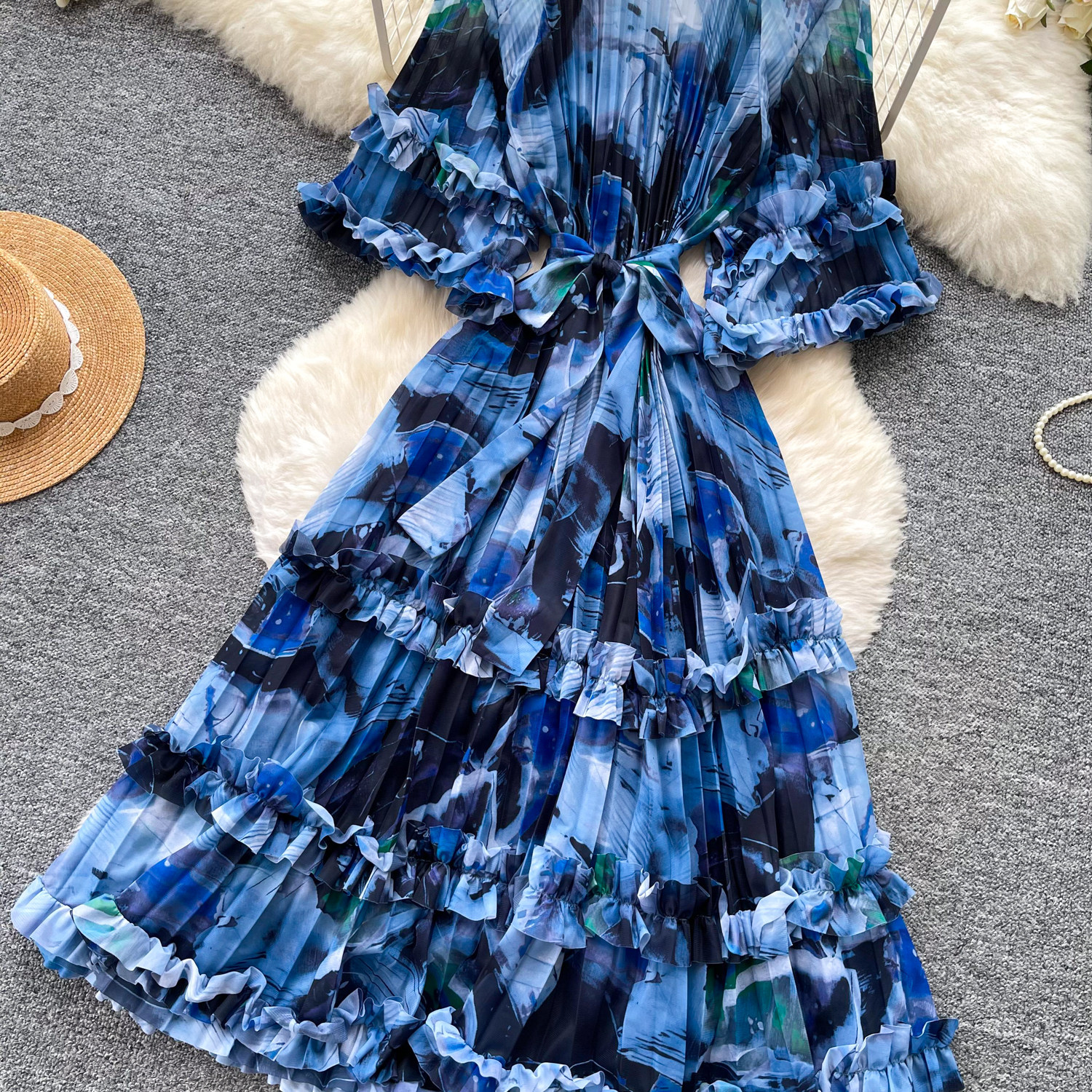 Floral Print Puff Sleeve Dress Women's Korean Style Retro Court Long Fairy Like Ruffled Tie Waist Dress_ecoleips.com