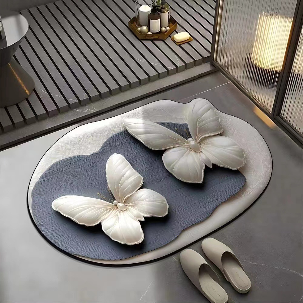 Visual 3D Flower Butterfly Diatom Mud Floor Mat Home Bathroom Non-Slip Absorbent Foot Mat Entrance Easy Care Foot Mat