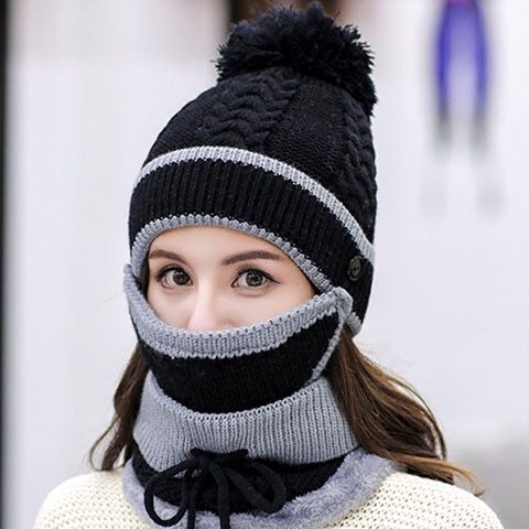 麻花三件套腈纶女士毛线帽针织帽毛线帽保暖帽骑车护口罩百搭围脖