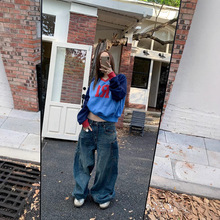 R1DGE自制插肩袖v领长袖卫衣女春秋款韩系慵懒风短款撞色字母上衣