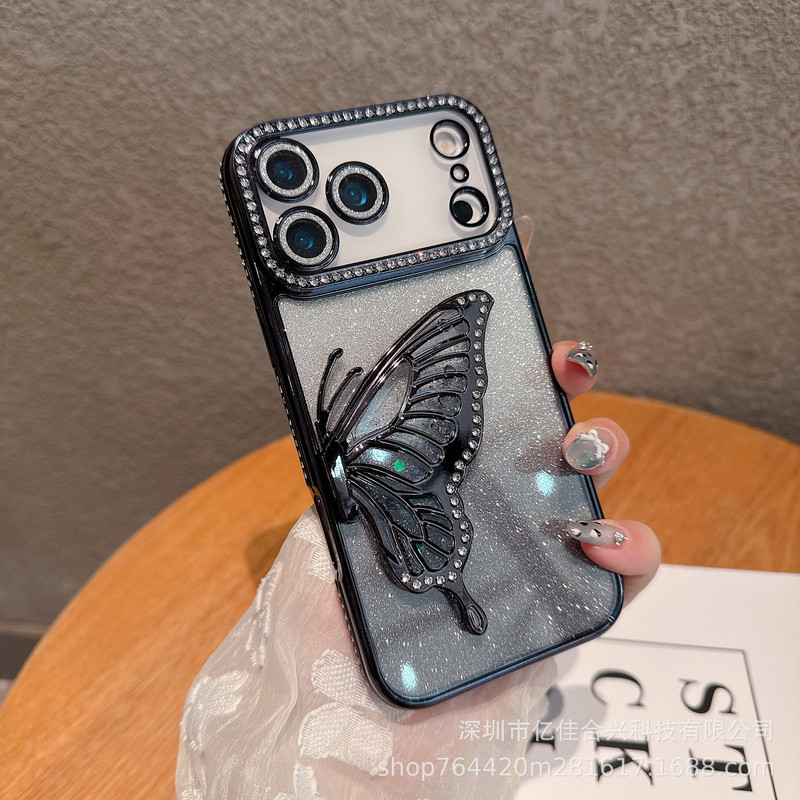 轻奢闪粉水钻立体蝴蝶支架适用iPhone17PROMAX手机壳苹果16软壳15|undefined