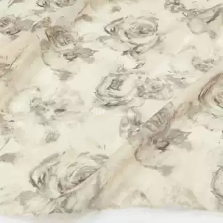 水墨玫瑰薄款微透 米杏色+黑灰色印花天丝麻布料 汉服连衣裙面料