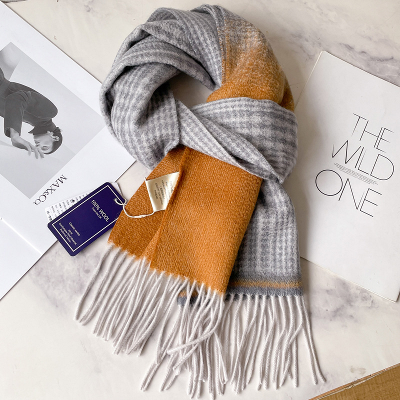 渐变色100%纯羊毛围巾女秋冬季英伦千鸟格黑白围脖百搭厚保暖披肩