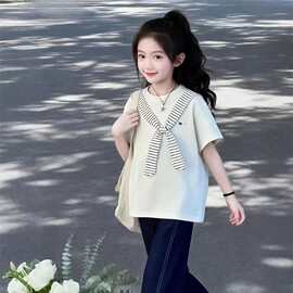 女童学院风假两件短袖T恤夏季条纹披肩领上衣中大童休闲百搭夏装