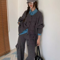 欧版重工复古麻花毛衣套装女新款加厚开衫外套+针织工装裤两件套