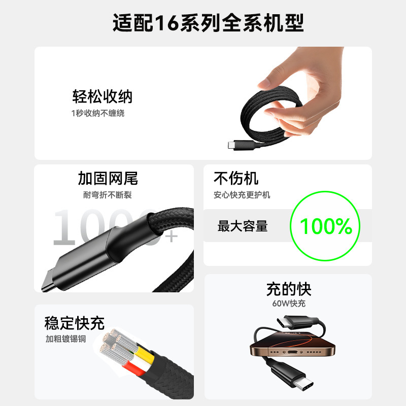 磁吸收纳数据线双头Tpye-c充电线车载适用iPhone15/16Pro平板快充|undefined