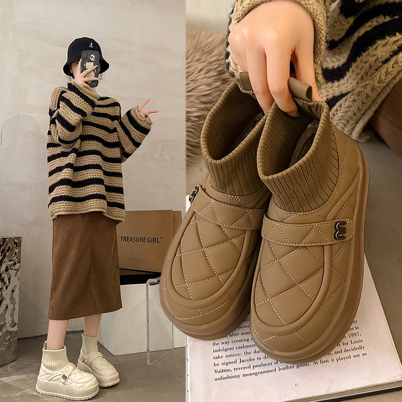 2023 New Winter Velvet Warm Cotton Shoes Thick Sole Anti Slip Short Boots Thick Heel Sleeve Socks Boots_voghion.com