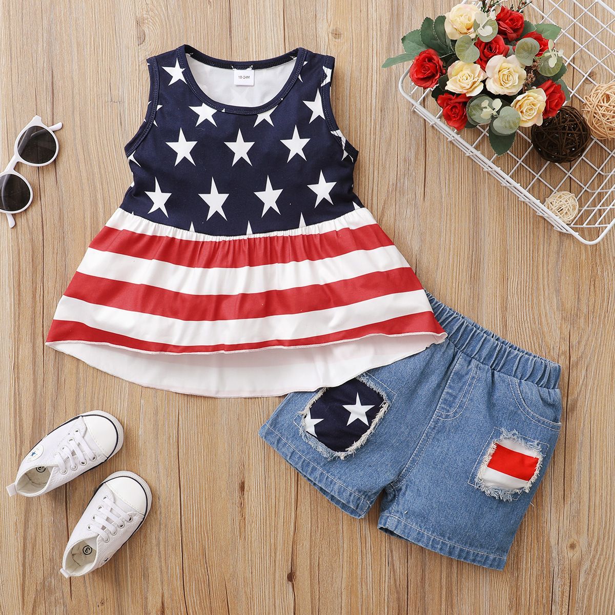 Toddler Independence Day Denim Set, Patched Jeans Outfit