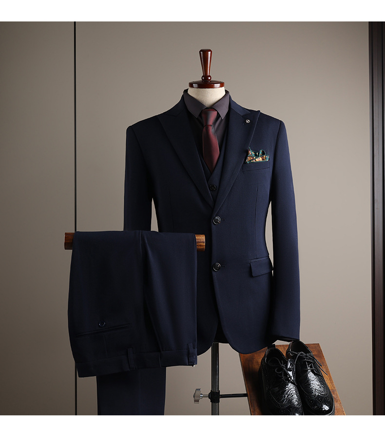 Men’s Three Piece Slim Fit Suit Solid Colour Business Formal Suit_voghion.com