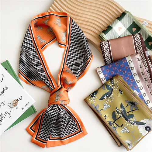 Long silk scarf for women in spring and autumn, versatile suit, neck decoration, neck gaiter, narrow scarf, Korean style bandage, hair ribbon