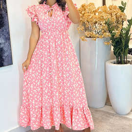 FD2134欧美女装春夏新款2025蝴蝶袖清新小碎花度假风连衣裙长裙
