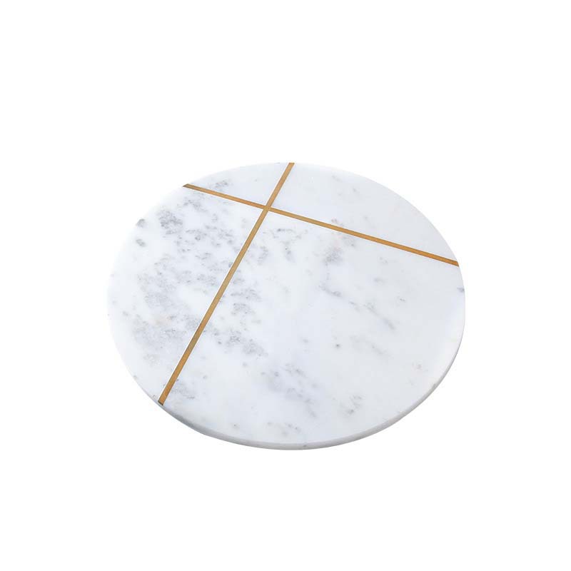 Luz nórdica estilo de lujo ronda de mármol natural con incrustaciones de cobre bandeja de decoración suave bandeja de presentación de cosméticos placa