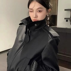 是阿呱呀黑色立领阔肩外套女秋季新款个性纯色复古短款休闲百搭夹