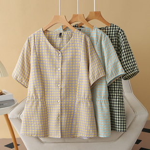plus size women's plaid shirt short sleeve waist v-neck niche 200kg fat MM2024 summer cardigan shirt 459